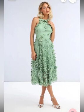 helsi camilla green 3d floral applique embroidered halter neck midi dress XS NEW